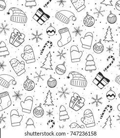 New Year Christmas winter holidays pattern with gifts, candys, christmas tree and toys, santa hat, snowflake