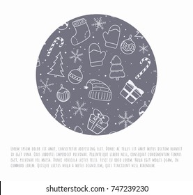 New Year, Christmas, winter holidays postcard with cute pattern with christmas tree and toys, candy