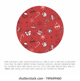 New Year, Christmas, winter holidays sign with cute pattern with christmas tree and toys, candy