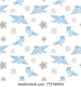 New Year Christmas winter holidays pattern with blue grey birds and snowflakes. Seamless pattern with winter elements isolated on white background. Cute Merry Christmas Seamless Pattern.
