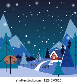 New year and Christmas winter landscape background with christmas tree . Vector illustration