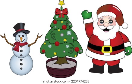 New year and Christmas winter landscape with Santa Claus and christmas tree and snowman, Merry christmas holiday. New year and xmas celebration. vector illustration