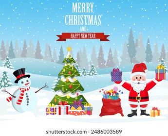 New year and Christmas winter landscape background with Santa Claus with gift bag and christmas tree and snowman, giftbox. Merry christmas holiday. New year and xmas celebration.