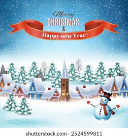 New year and Christmas winter landscape background with snowman. Vector illustration. concept for greeting or postal card.