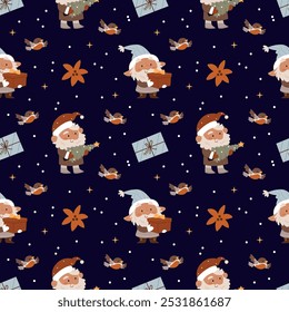 Ano Novo Natal padrão de inverno com gnomes, Santa, flocos de neve, Poinsettia, presentes, estrelas, ramos em um fundo azul.Adequado para embalagem, papel de embrulho, papel de parede, têxteis, tecido, cama.