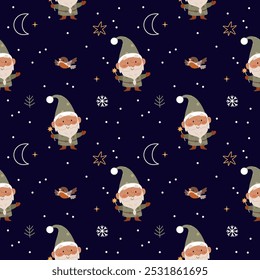 New Year Christmas winter pattern with gnomes, Santa, snowflakes, Poinsettia, gifts, stars, branches on a blue background.Suitable for packaging, wrapping paper, wallpaper, textiles, fabric, bedding.