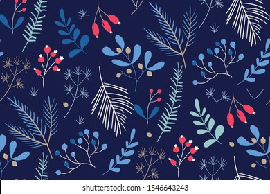 New year christmas winter seamless pattern. Hand drawn floral vector. Can be used for wallpaper, surface textures, fabric prints. On a blue background, winter berries, plants branches of spruce.