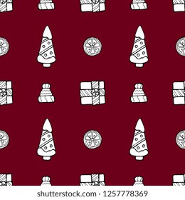 New year and Christmas winter vector seamless pattern on red background