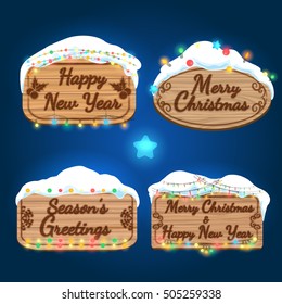 New year and christmas wooden board signs with garlands and snow. Vector illustration