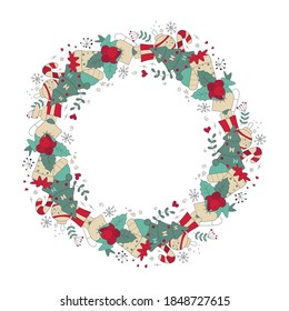 New year and Christmas wreath. Bright color pattern christmas elements. Unique design for your greeting cards, banners, flyers. Vector illustration. Hand-Drawn. Flat design.