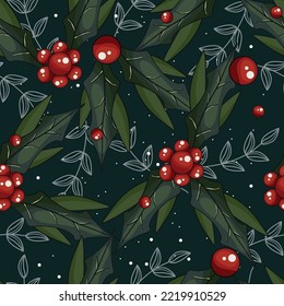 New Year, Christmas wreath. Cranberry berry. Food, decoration for the holiday. Happy New Year and Merry Christmas. A postcard for the New Year holidays. Seamless Christmas pattern. Believe.