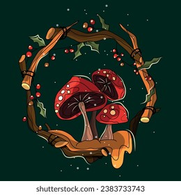 New Year, Christmas wreath. Cranberry berry. Food, decoration for the holiday. Happy New Year and Merry Christmas. A postcard for the New Year holidays. A vine woven into a wreath. Believe.