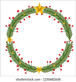 New Year and Christmas wreath design on white background. Natural holiday wreath with berry,leaves and star.Can be decorated with Christmas tree. Hang on the door. For the beautiful day.