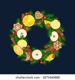 New year and Christmas wreath isolated on dark blue background. Evergreen garland decorated with slises oranges, apples, cinnamon, anise stars, red berries and gingerbreads. Vector illustration