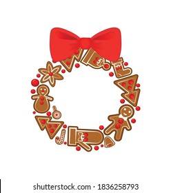New Year and Christmas wreath of sweet gingerbread with a bright scarlet bow. 2021. Festive, shaped cookies. Color image on a white background. Isolated object. Vector illustration.