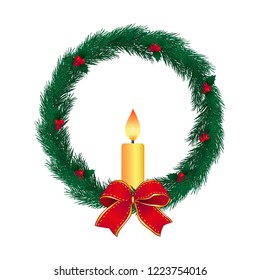 New year and Christmas wreath. Traditional isolated winter wreath of pine branches, Holly berry, Burning candle as design element, connected with winter holidays. Vector for holiday decor, icon.