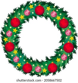 New Year and Christmas wreath. A traditional winter garland of evergreen branches, with bright balls and stars. A greeting card. Happy Christmas vector. A wreath