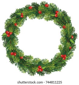 New Year And Christmas Wreath. Traditional Winter Garland With Red Holly Berries On Evergreen Green Branches, Isolated On White Background. Greeting Card. Happy Xmas Vector Retro Holiday Design