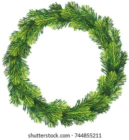 New year and Christmas wreath. Traditional winter garland with evergreen green branches, isolated on white background. Greeting card. Happy xmas vector retro holiday design