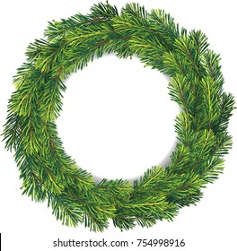 New year and Christmas wreath. Traditional winter garland with evergreen green branches, isolated on white background. Greeting card. Happy xmas vector retro holiday design