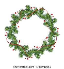 New Year And Christmas Wreath. Winter Garland With Red Holly Berries On Green Branches, Isolated On White Background. Greeting Card. Happy Xmas Vector Retro Holiday Design