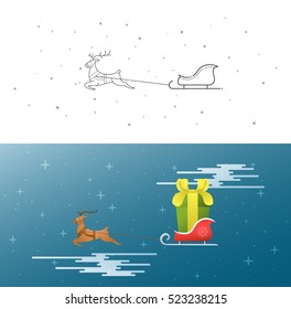 New Year. Christmas. Xmas. The deer and sleigh fly across the sky. Cartoon. Flat. Contour. Isolate. Stock vector. Two in one.