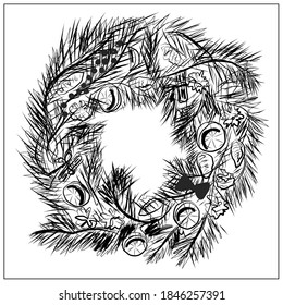 New Year, Christmas.Elements for greeting cards and posters. A wreath and a bouquet of spruce and pine branches. Cones, ornaments, and vanilla sticks. Outline drawing. Isolated vector objects on white