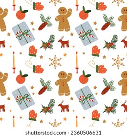 New Year, ChristmasTraditional Seamless Pattern. Present, Gingerbread Man, Cookies, Snowflake, Tangerine, Winter Mittens, Fir Tree Branch with Cone, Holly and Candlelight. 
Holiday Background.