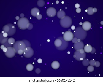 New year circle bokeh lights holiday decoration. White abstract snowflakes over dark blue background. Blurred bokeh lights flare effect round particles falling banner backdrop
