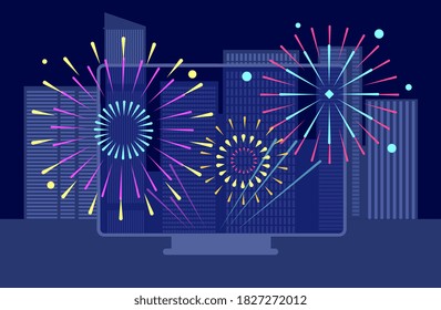 New year city firework. Online festival, downtown night fireworks tv screen. Buildings landscapes, asian celebration broadcast vector concept