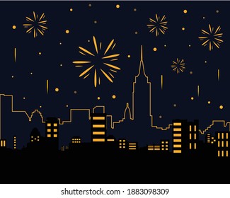 Vector de fuegos artificiales del paisaje de la ciudad de Año Nuevo