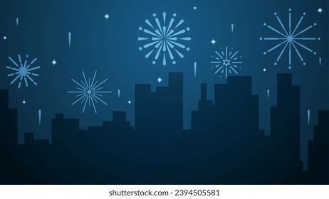 New year cityscape vector illustration. Scenery of city with sparkling fireworks in new year event. City panorama for illustration, background or wallpaper. City silhouette in the firework festival