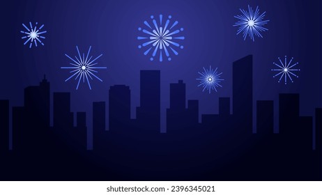 New year cityscape vector illustration. Scenery of city with sparkling fireworks in new year event. City panorama for illustration, background or wallpaper. City silhouette in the firework festival