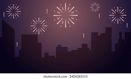 New year cityscape vector illustration. Scenery of city with sparkling fireworks in new year event. City landscape for illustration, background or wallpaper. City silhouette in the firework festival