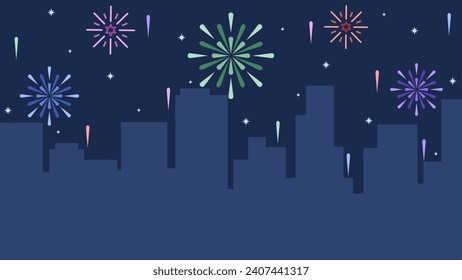 New year cityscape vector illustration. City silhouette with colorful sparkling fireworks in new year event. New year landscape for illustration, background or wallpaper. Urban firework festival