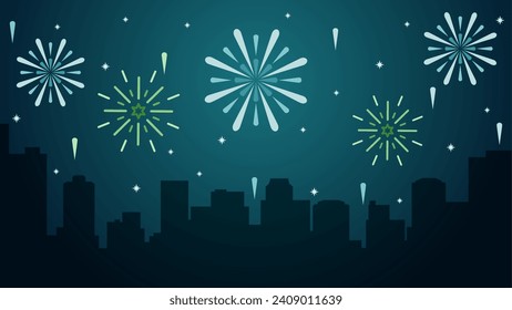 New year cityscape vector illustration. City silhouette with sparkling fireworks in new year event. New year landscape for illustration, background or wallpaper. Urban firework festival