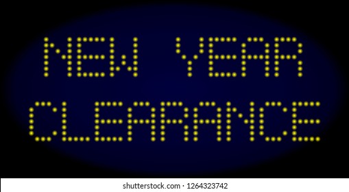 New Year Clearance caption in LED style with round glowing dots. Vector bright yellow symbols forms New Year Clearance title on a dark blue background. Digital font with round elements.
