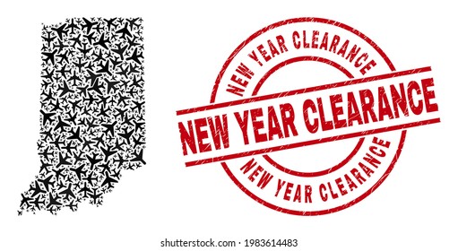 New Year Clearance distress seal stamp, and Indiana State map mosaic of aircraft items. Mosaic Indiana State map constructed of aircraft. Red stamp with New Year Clearance word,