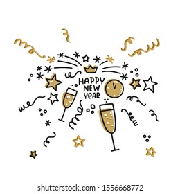 New Year clipart with champagne glasses with fizzy drink, spiral throws, clock and stars to make cards, party decoration, gift bag print.