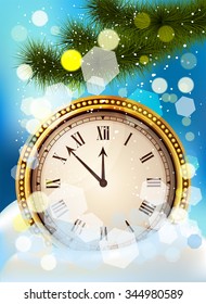 New year clock before midnight. Antique watch in the snow. Illustration New Year Midnight Background with Clock and Fir Twigs - Vector