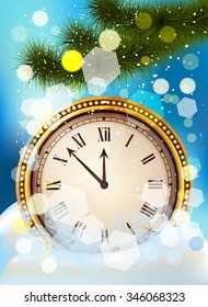 New year clock before midnight. Antique watch in the snow. Illustration New Year Midnight Background with Clock and Fir Twigs - Vector