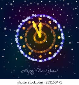 New Year clock in bokeh lights on a dark background. Vector illustration