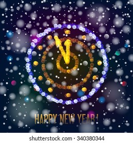 New Year clock in bokeh lights on a dark background. Vector illustration