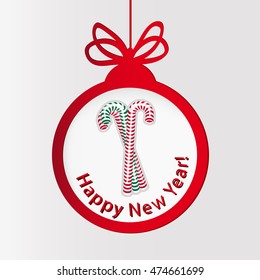 New year clock. Christmas ball and canes.