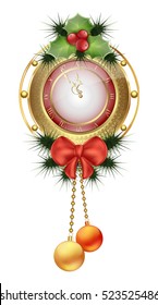 New year clock with Christmas trees and mistletoe toys with red bows
Christmas vintage elements on a white background