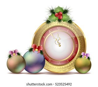 New year clock with Christmas trees and mistletoe toys with red bows
Christmas vintage elements on a white background