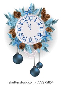 New Year clock, decorated with balls, twigs and beads on the background of a wooden texture of the boards