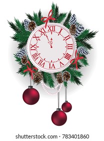 New Year clock, decorated with balls, twigs and beads on the background of a wooden texture of the boards