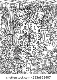 New Year Clock with Decoration Adults Coloring