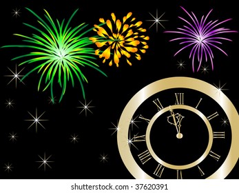 New year clock and fireworks